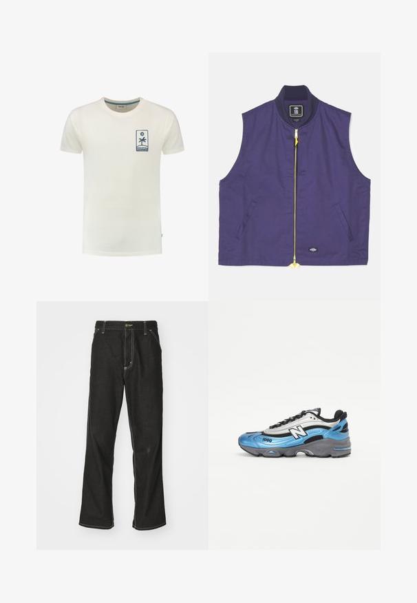 Jūras zilas bezapļa veste, izgatavota no auduma ar gludu tekstūru. Aprīkota ar dzeltenu rāvējslēdzēju, ribotu apkakli un sānu kabatām.; Kreminbalts kokvilnas T-krekls ar īsām piedurknēm, ar zilu palmu koku un saules grafiku kreisajā krūšu daļā. Apaļa kakla izgriezums.; Melni džinsi ar brīvu piegriezumu, ar kontrastējošu baltu diegu, pogu aizdari un taisnu kāju dizainu.; Zilā un sudraba sporta apavu modelis, kas izgatavots no sieta un sintētiskajiem materiāliem, ar biezām pelēkām zole un izteiktiem melniem akcentiem. Redzams modeļa numurs 1000.