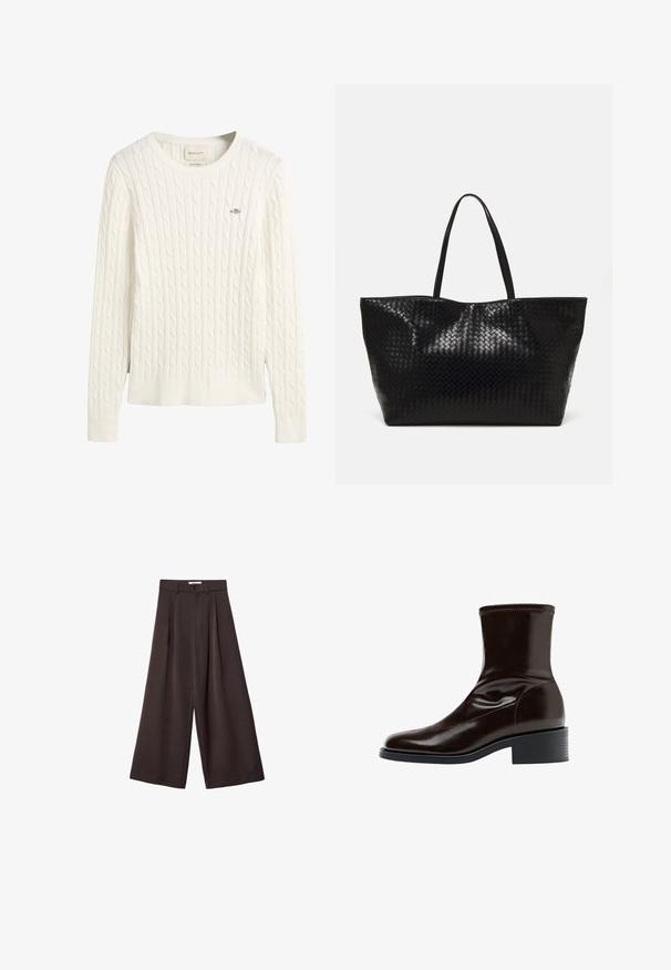 Tyrkysový fleecový vestník s oblečeným výstrihom, cvokovými gombíkmi, dvoma prednými vreckami a dekoračnou nášivkou na ľavej strane. Textúrovaný, mäkký materiál.; Biely sveter s pleteným vzorom, dlhými rukávmi, rebrovaným okrúhlym golierom a spodným lemom, s malým vyšívaným logom na hrudi.; Čierne široké nohavice s vysokým pásom, so záhybmi vpredu a zapínaním na gombík v páse, vyrobené z hladkého materiálu.; Hnedé kožené členkové topánky s hladkým povrchom, štvrcovou špičkou, štruktúrovaným šitím a nízkym blokovým podpätkom. Vyznačujú sa elegantným, minimalistickým dizajnom.; Čierna tkaná taška s dvoma pevnými uchami, s lesklým povrchom a priestranným otvoreným dizajnom vrchnej časti.