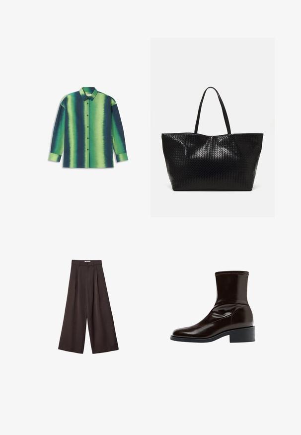 Tyrkysová fleecová vesta s kulatým výstřihem, patentkami, dvěma předními kapsami a dekorativní nášivkou na levé straně. Texturovaný, měkký materiál.; Dlouhý rukáv, košile na knoflíky s přechodovým vzorem tmavě zelené a živé zelené barvy, s hladkou texturou a špičatým límcem.; Černé široké kalhoty s vysokým pasem, s předními záhyby a zapínáním na knoflík v pase, vyrobené z hladké látky.; Hnědé kožené kotníkové boty s hladkým povrchem, čtveratou špičkou, strukturovaným švem a nízkým blokovým podpatkem. Nabízí elegantní, minimalistický design.; Černá tkaná taška přes rameno s dvěma pevným uchy, má lesklou texturu a prostorný otevřený vrch.