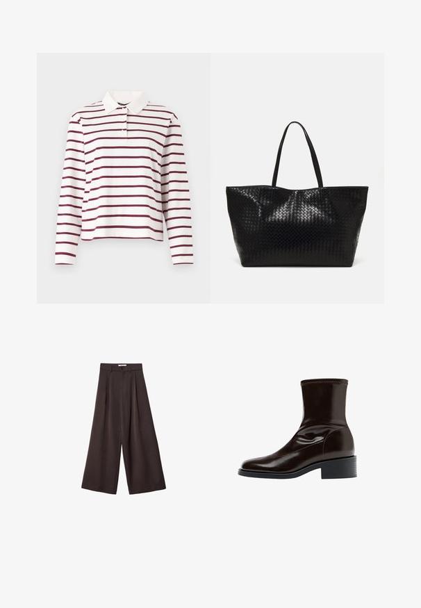 Tummansiniharmaa fleece-liivi, jossa on pyöreä kaula-aukko, nepparilla suljettavat napit, kaksi etutaskua ja koristeellinen merkki vasemmalla puolella. Rakenne on pehmeä ja miellyttävän tuntuinen.; Pitkähihaisessa valkoisessa polo-paidassa on viininpunaisia vaakaraitoja, ja siinä on perinteinen kaulus sekä napitettava etuosa. Pehmeää puuvillamateriaalia.; Mustat leveät housut, joissa on korkea vyötärö, etupleikkuilla ja nappikiinnityksellä vyötäröllä, valmistettu sileästä kankaasta.; Ruskeat nahkaiset nilkkurit, joissa on sileä pinta, neliön muotoinen kärki, teksturoitu ompelu ja matala lohkopohja. Ominaisuuksina on tyylikäs, minimalistinen muotoilu.; Musta kudottu kassi, jossa on kaksi vankkaa kahvaa, näyttävästi kiiltävä rakenne ja tilava avoin yläosa.