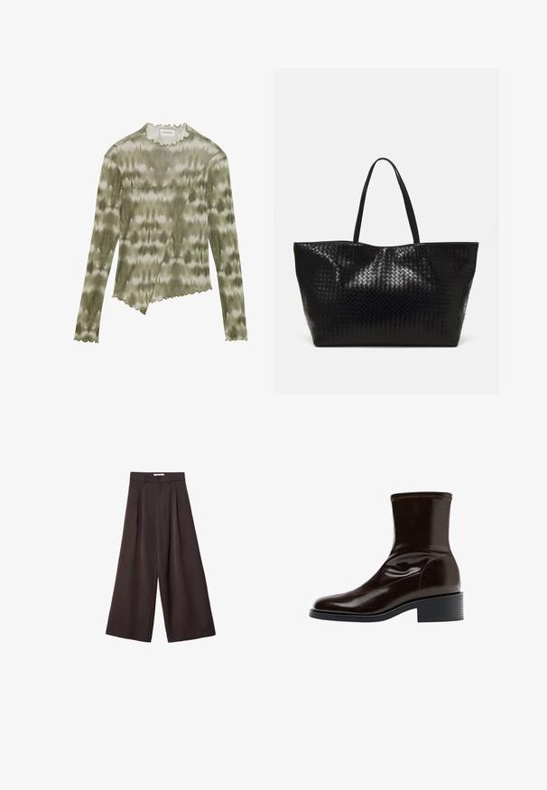 Türkiser Fleece-Westen mit rundem Halsauschnitt, Druckknöpfen, zwei vorderen Taschen und einem dekorativen Patch auf der linken Seite. Texturiertes, weiches Material.; Langärmliges, grün gefärbtes Top mit einem gewellten Ausschnitt und Saum. Verfügt über eine diagonale Naht mit strukturierten Akzenten aus einem weichen, leichten Stoff.; Schwarze, weit geschnittene Hose mit hoher Taille, ausgestattet mit vorderen Falten und einem Knopfverschluss an der Taille, aus glattem Stoff gefertigt.; Braune Lederstiefelette mit glatter Oberfläche, quadratischer Zehenform, strukturiertem Nähen und niedrigem Blockabsatz. Verfügt über ein schlankes, minimalistisches Design.; Schwarze geflochtene Tragetasche mit zwei stabilen Griffen, die eine glänzende Textur und ein geräumiges offenes Design bietet.