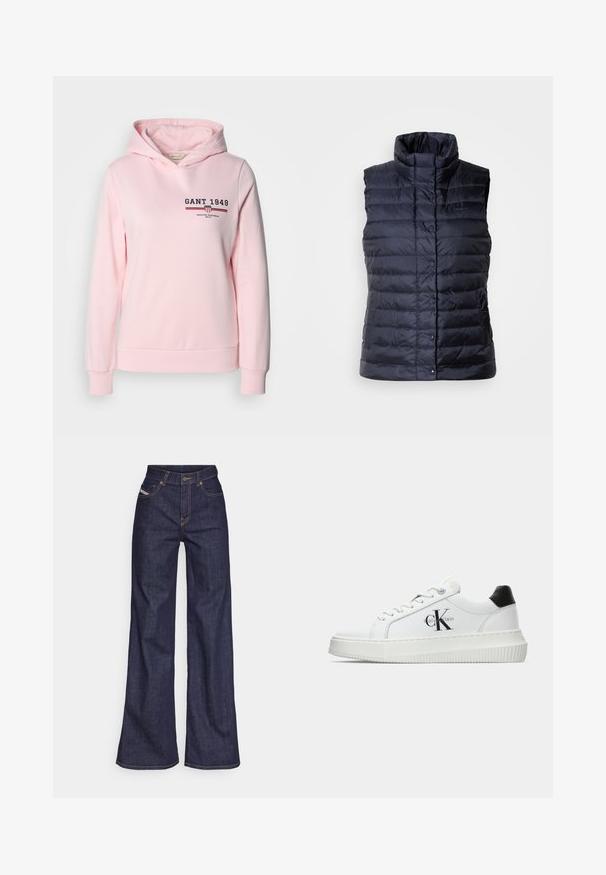 Nafukovací, bezrukávý vest v tmavě modré barvě, s vysokým límcem, patentkami a žebrovanou texturou s vertikálními prošívanými panely.; Růžová mikina vyrobená z bavlněné směsi, s předním logem a horizontálními pruhy. Má kapuci se stahovací šňůrkou a žebrované manžety a spodní lem.; Tmavě modré džíny s širokým střihem vyrobené z denimové tkaniny, s vysokým pasem, oranžovým prošíváním, pěti kapsami a zapínáním na knoflík.; Bílé nízké tenisky s černým patním tabem, platformovou podrážkou, tkaničkami a logem Calvin Klein "CK" na boku.