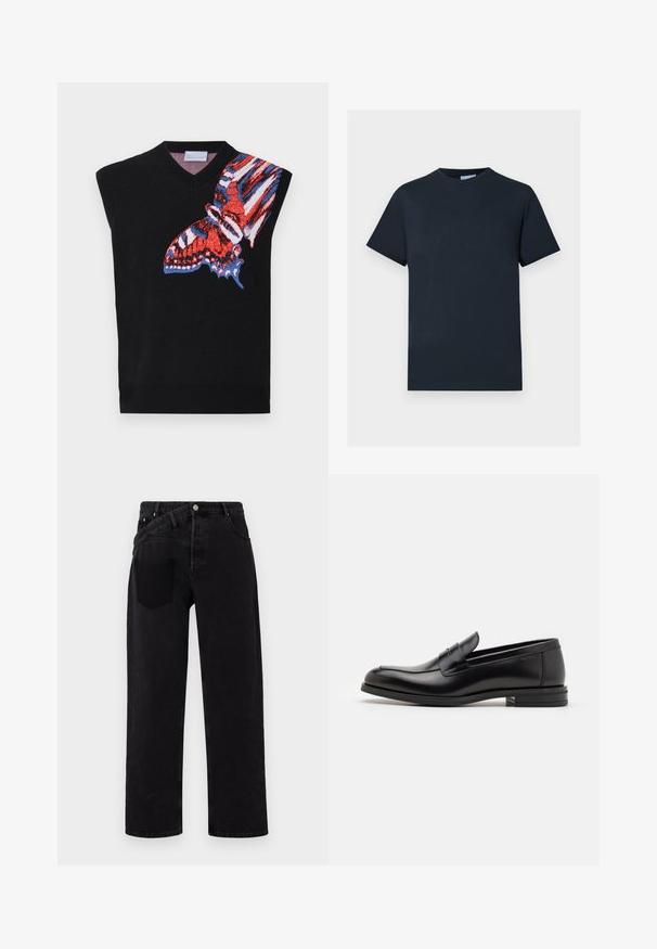 Mustat hihattomat neulepaidat, joissa on värikäs perhosgraafikko punaisena, sinisenä ja valkoisena vasemmalla puolella; V-mallinen kaula-aukko ja ribbaushelma.; Laivansininen puuvillapaita, lyhyet hihat, pyöreä pääntie, jossa on teksturoitu logo-design rinnassa vaaleammassa sävyssä.; Musta denim-housut suoran lahkeiden muotoilulla, joissa on etupainike, viisi taskua ja yksi takatasku oikealla puolella.; Mustat nahkakengät, joissa on sileä pinta, pyöreä kärki ja koristeellinen nauha jalkapöydän yli. Matala pinoitu koroke, minimalistinen muotoilu.