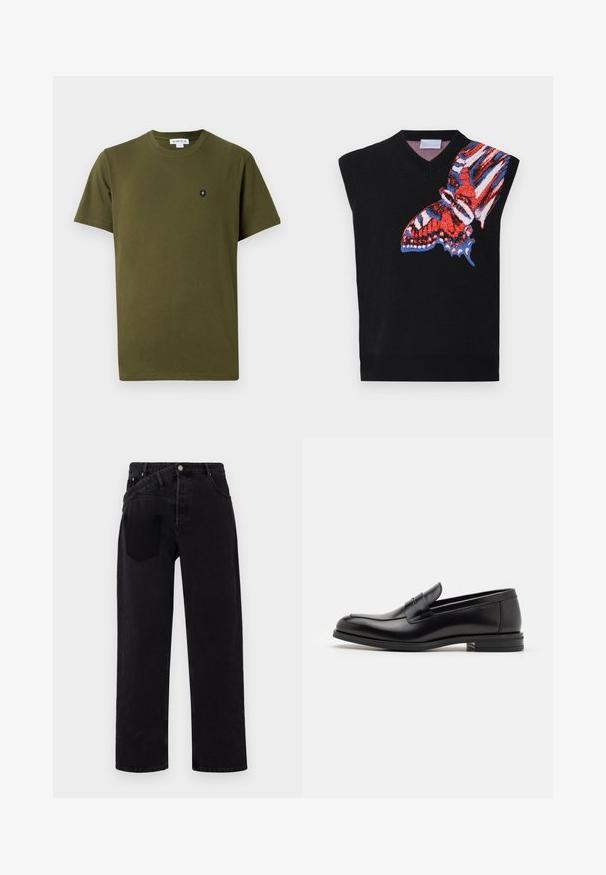 Juoda be rankovių megzta palaidinė su spalvinga drugelio grafika raudona, mėlyna ir balta spalvomis dešinėje pusėje; V formos iškirpė ir raukiniai apatinėje dalyje.; Alyvuogių žalio medvilnės marškinėliai su apvalia iškirpte ir trumpomis rankovėmis. Kairėje krūtinės pusėje yra mažas juodas emblema. Lygus tekstūra.; Juodos džinsinės kelnės tiesaus kirpimo, su priekiu užsegamu mygtuku, penkių kišenių stiliumi ir viena gale kišenė dešinėje pusėje.; Juodos odinės loafers, turinčios lygų paviršių, apvalią noselę ir dekoratyvinę juostą per priekinę dalį. Žemas krentantis kulnas, minimalistinis dizainas.