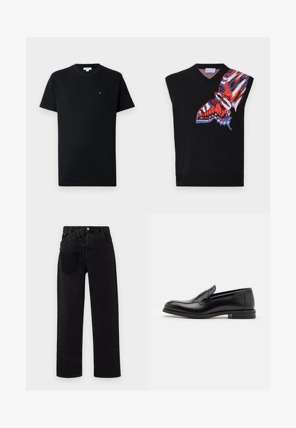 Čierny bezrukávový pletený top s farebnou grafikou motýľa v červenej, modrej a bielej farbe na ľavej strane; dizajn s výstrihom do V a rebrovaný lem.; Čierne tričko s krátkym rukávom vyrobené z bavlny, s okrúhlym výstrihom a malým kruhovým logom na hrudi. Hladká textúra.; Čierne denimové džínsy s rovnými nohavicami, s predným zapínaním na gombík, štýlom s piatimi vreckami a jedným zadným vreckom na pravej strane.; Čierne kožené mokasíny s hladkou textúrou, zaoblenou špičkou a dekoračným pásikom cez priehlavok. Nízky vrstvený opätok, minimalistický dizajn.