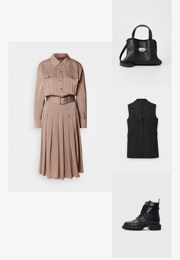 Crni bezrukavnik s oštrim ovratnikom, dva gumba i dva prednja džepa. Napravljen od glatkog materijala s krojem koji pristaje.; Haljina košulja dugih rukava u mekanom bež materijalu, sa dva džepa na prsima, dugmadi sprijeda, nabranom suknjom i odgovarajućim remenom sa zlatnim detaljima.; Crne kožne gležnjače s okruglim vrhom, čvrstim gumenim potplatom, vezicama i trakicom za povlačenje; sadrže zlatne rupice za vezice i šivane detalje.; Crna kožna torba s teksturiranim završnim obradom, koja ima dva gornja ručka, odvojivu naramenicu i detalj s srebrnim kopčanjem.