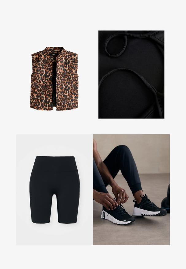 Bezrukávový top s potiskem leopardí srsti a mandarin límečkem, s odstíny hnědé a černé na světlém pozadí a rovním lemem.; Černá plavková tkanina s hladkou texturou, zakřivenými popruhy a plochými švy, navržená pro pohodlí a flexibilitu při nošení.; Černé cyklistické šortky s vysokým pasem vyrobené z elastického materiálu s hladkým povrchem, vybavené bočními kapsami a přiléhavým střihem.; Černé sportovní boty s texturovaným černým svrškem, bílou podrážkou a gumovým vzorem. Šněrování je zavázané, což ukazuje na elegantní design a logo.