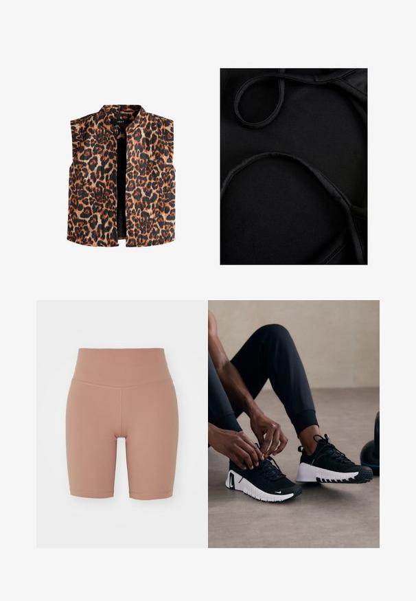 Vesta bez rukávov s leopardím vzorom a mandarínkovým golierom, ktorá obsahuje odtiene hnedého a čierneho na svetlom pozadí a má priame zakončenie.; Čierna plavková látka s hladkým povrchom, zakrivenými ramienkami a plochými švami, navrhnutá pre pohodlie a flexibilitu počas nosenia.; Šortky na bicykel s vysokým pásom v béžovej farbe, vyrobené z elastického materiálu, so hladkým povrchom a čistými švami pre pohodlie a dobré nosenie.; Čierne športové topánky s textúrovaným čiernym zvrškom, bielou podrážkou a gumovou pätkou. Šnúrky sú zaviazané, čo ukazuje elegantný dizajn a logo.