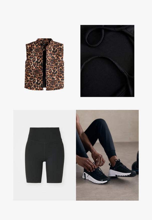 Leopardmönstrad ärmlös väst med mandarinkrage, i nyanser av brunt och svart på en ljus bakgrund och med rakt fåll.; Svart badklädesmaterial med slät textur, böjda band och platta sömmar, utformat för komfort och flexibilitet vid användning.; Svarta högmidjade cykelshorts tillverkade av stretchigt tyg. Har platta sömmar och en åtsittande design för komfort och rörelsefrihet.; Svarta sportskor med en texturerad svart ovandel, vit sula och gummimönster. Skosnören är knutna, vilket visar en elegant design och logotyp.