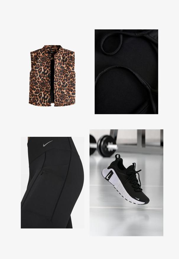 Bezrękawnik w panterkę z kołnierzem mandarynkowym, w odcieniach brązu i czerni na jasnym tle oraz prostym wykończeniem dołu.; Czarna tkanina kostiumu kąpielowego o gładkiej fakturze, z zaokrąglonymi ramiączkami i płaskimi szwami, zaprojektowana z myślą o komforcie i elastyczności w trakcie użytkowania.; Czarne legginsy o wysokim stanie wykonane z elastycznego materiału, z zamkiem błyskawicznym z przodu i kontrastowymi szwami. Srebrne logo Nike na talii.; Czarne sportowe buty z teksturowaną cholewką z tkaniny, białą podeszwą i wyraźnym systemem sznurowania. Zawierają logo Nike oraz miękką, amortyzowaną konstrukcję.