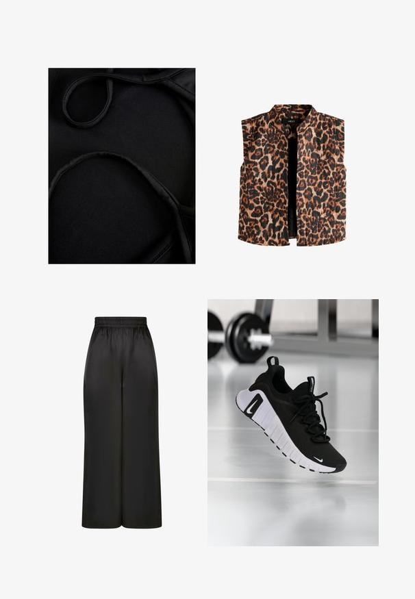 Vesta bez rukávov s leopardím vzorom a mandarínkovým golierom, ktorá obsahuje odtiene hnedého a čierneho na svetlom pozadí a má priame zakončenie.; Čierna plavková látka s hladkým povrchom, zakrivenými ramienkami a plochými švami, navrhnutá pre pohodlie a flexibilitu počas nosenia.; Čierne široké nohavice vyrobené z hladkého, lesklého materiálu s elastickým pásom a bez viditeľných vreciek či kovových detailov.; Čierna športová obuv s textúrovaným horným materiálom, bielou podrážkou a výrazným systémom šnurovania. Obsahuje logo Nike a má mäkký, tlmený dizajn.
