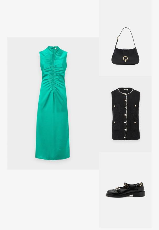 Chaleco sin mangas negro con tejido texturizado, que presenta bolsillos frontales, detalles en forma de perlas a lo largo del escote y botones metálicos en el centro.; Vestido de satén teal sin mangas con escote cortado y detalles fruncidos en el busto y el centro, que cuenta con una cremallera en la parte trasera y un dobladillo recto.; Zapatos de cuero negro con detalles de brogue, que presentan dos correas con hebillas, una puntera redondeada y un tacón bajo. Textura suave con un acabado brillante.; Bolso de cuero negro con una silueta curvada, correa corta, herrajes en tono dorado central y textura suave. Sin patrones ni acentos visibles.