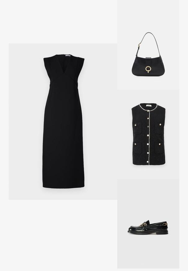 Juodas be rankovių liemenė, pagaminta iš tekstūruoto audinio, su priekinių kišenių, perlo spalvos apdaila aplink iškirptę ir metaliniais mygtukais centre.; Juodas, be rankovių suknelė su giliu V formos iškirpimu, struktūrinėmis pečių linijomis ir prigludusia forma. Lygus audinys, ilgas, tiesus kirpimas ir paslėptas užtrauktukas.; Juodos odinės loafer tipo bateliai su blizgiu paviršiumi, turi du auksinius užsegimus ir žemą kulną. Lygus paviršius su suapvalintu pirštu.; Juoda odinė rankinė su kreiva siluetu, trumpa rankena, centriniu auksinės spalvos apdailos elementu ir lygiomis tekstūromis. Nėra matomų raštų ar akcentų.