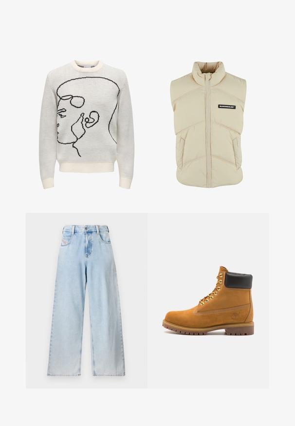 Beige polstret vest med høj krave, frontlynlås, skrå syninger og et sort logo-patch på venstre bryst. Blød, quiltet tekstur.; Hvid strikket sweater med sort linje kunstdesign, der viser en profil. Har en rund halsudskæring samt ribbede manchetter og kant. Blød tekstur.; Hvid langærmet skjorte lavet af blødt materiale, med en bred rund halsudskæring og løs pasform. Glat overflade med ribbede manchetter.; Lyseblå brede jeans lavet af denim, med høj talje, synlig syning, forlommer og en lige pasform ned til kanten.; Tan nubuck ankelstøvle med sort polstret krave, gyldne metaløjer, hvid syning detaljer og robust gummisål med udtalte slidbaner.