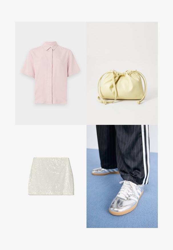 Gilet senza maniche beige con collo alto, zip frontale, due tasche con bottone e orlo arricciato. Realizzato in tessuto liscio e leggero.; Camicetta rosa chiaro a maniche corte con colletto classico e chiusura frontale con bottoni. Realizzata in tessuto morbido con una vestibilità leggermente rilassata.; T-shirt bianco in cotone con maniche corte, scollo a rotondo e taglio dritto. Texture liscia, design semplice, senza modelli o accenti visibili.; Bershka Gonna a campana - white; Sneakers metallici argentati con lacci bianchi e tre strisce bianche, abbinati a pantaloni neri a righe sottili. Accent legato alla suola in gomma.; Borsa in pelle gialla con un design arricciato, chiusura a coulisse regolabile e una lunga tracolla singola. Branding minimale alla base.