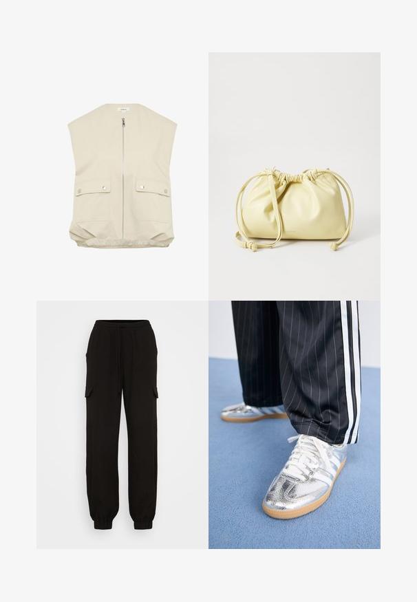 Beige mouwloze vest met een hoge hals, ritssluiting aan de voorkant, twee knoopzakken en een geplooide zoom. Gemaakt van een soepele, lichtgewicht stof.; Witte katoenen t-shirt met korte mouwen, een ronde halslijn en een rechte snit. Gladde textuur, eenvoudig ontwerp, geen zichtbare patronen of accenten.; Zwarte cargo broek met een relaxte pasvorm, voorzien van een elastische tailleband, koordsluiting en zijzakken. Gemaakt van lichtgewicht stof.; Metalen zilveren sneakers met witte veters en drie witte strepen, gecombineerd met zwarte streepd pants. Gumaansluiting accent aan de onderkant.; Geel leren tas met een geraffineerd ontwerp, verstelbare trekkoordsluiting en een enkele lange schouderband. Minimaal merklogo aan de onderkant.