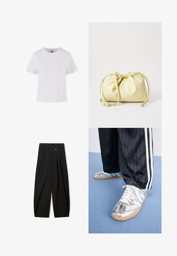 Beige mouwloze vest met een hoge hals, ritssluiting aan de voorkant, twee knoopzakken en een geplooide zoom. Gemaakt van een soepele, lichtgewicht stof.; Witte katoenen t-shirt met korte mouwen, een ronde halslijn en een rechte snit. Gladde textuur, eenvoudig ontwerp, geen zichtbare patronen of accenten.; Zwarte brede pantalon gemaakt van soepele stof, met voorkeerdiezels, een knoopsluiting en een maatwerkontwerp voor een gestructureerde silhout.; Metalen zilveren sneakers met witte veters en drie witte strepen, gecombineerd met zwarte streepd pants. Gumaansluiting accent aan de onderkant.; Geel leren tas met een geraffineerd ontwerp, verstelbare trekkoordsluiting en een enkele lange schouderband. Minimaal merklogo aan de onderkant.