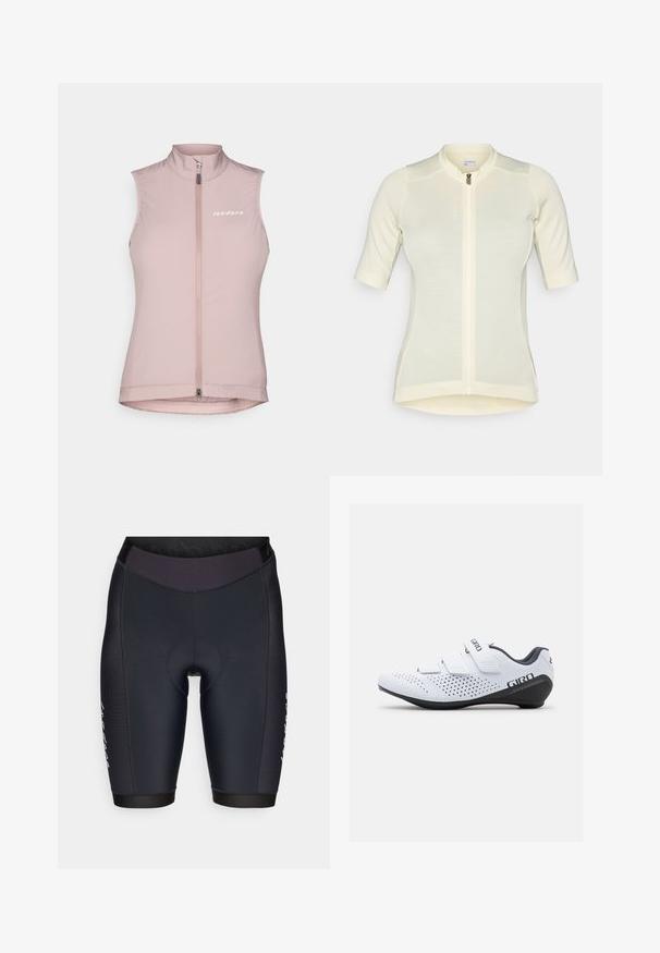 Gilet de cyclisme sans manches rose avec un col haut, fermeture éclair à l'avant et logo blanc sur la poitrine gauche. Fabriqué en tissu léger et élastique.; Maillot de cyclisme jaune clair à manches courtes, coupe ajustée, fermeture éclair intégrale, tissu texturé subtil et col rond. Nom de la marque à l'avant.; Shorts de cyclisme noirs au design ajusté, fabriqués en tissu élastique lisse, avec une taille bien ajustée et un rembourrage renforcé au niveau du siège.; Giro STYLUS - Chaussures de cyclisme - white