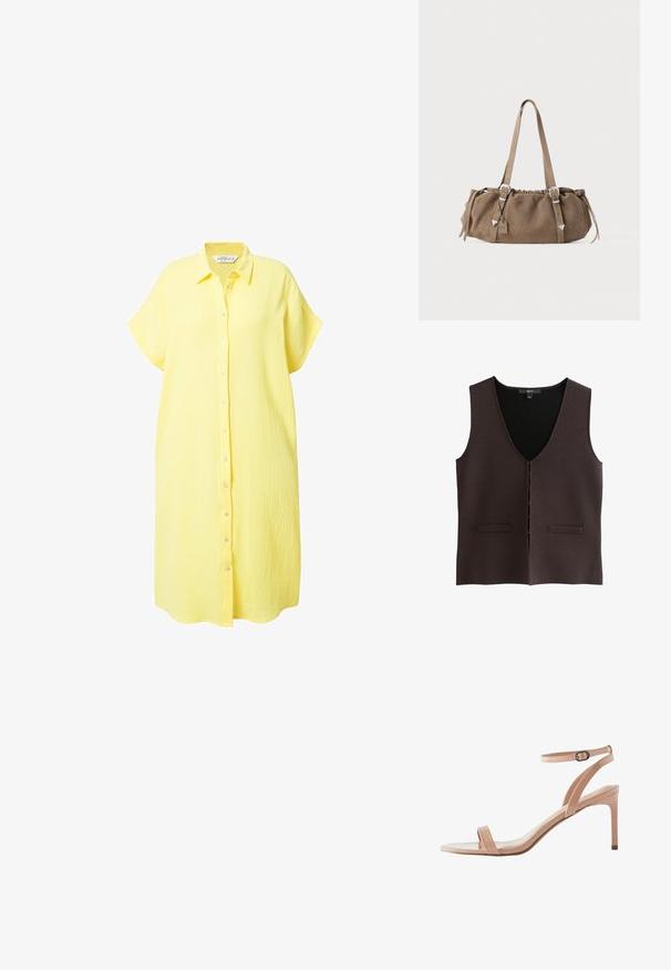 Braun gestrickte Weste mit tiefem V-Ausschnitt, Knopfverschluss vorne und zwei horizontalen Taschen. Glatte Textur und schlichtes Design.; Gelbes Hemdkleid aus strukturiertem Stoff, mit kurzen Ärmeln, Kragen und einer lässigen Passform mit geradem Saum.; Next FOREVER COMFORT SIMPLE - Riemensandalette - nude; Braune Wildleder-Handtasche mit gerafftem oberen Teil, silbernen Hardware-Details und zwei Schulterriemen. Sie hat eine rechteckige Form und ein minimales Design.