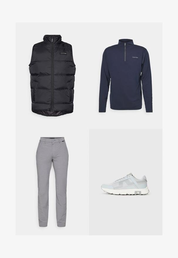 Svart puffervest med høy krage, glidelås foran og sidelommer. Har quiltede seksjoner og et lite logo-merke på brystet.; Marineblå langermet genser i glatt stoff, med en kvart glidelås og en liten hvit logo på venstre brystområde. Klassisk passform.; Grå stretchy bukser med en glatt tekstur, med knappelukking, beltehemper og sidelommer. Skreddersydd design med slank passform.; Lys blå treningssko med mesh-overdel, teksturerte paneler og hvit gummisåle. Har flate lisser og polstret krage.