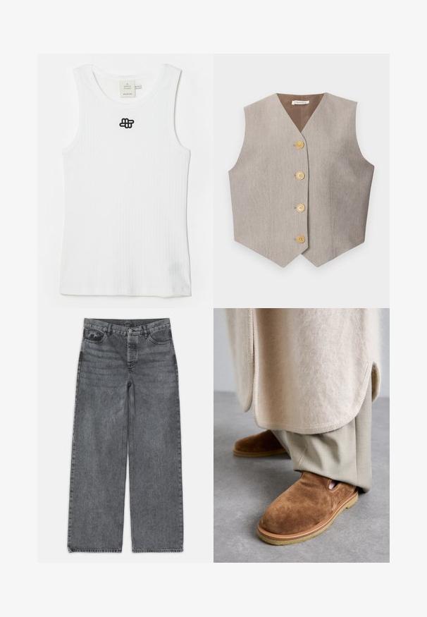 Beige sleeveless vest with a notch collar, featuring four round golden buttons down the front and a smooth texture.; White ribbed tank top made of cotton, featuring a round neckline and a black embroidered logo on the upper left. Simple design, sleeveless.; Wide-leg jeans in dark gray denim. Features a high waist, five-pocket design, and front button closure. Smooth texture with subtle fading.; Brown suede slip-on shoes with a rounded toe, rubber sole, and side cutout detail, paired with light beige tailored pants.