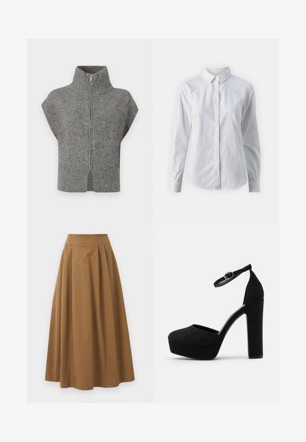 Pilkos megztos su aukštu apykakle, priekiniais užtrauktukais ir trumpomis rankovėmis. Raukšlėta apatinė dalis ir skeltukų šonai stiprina tekstūrinį dizainą.; Balta marškinėliai su mygtukais, pagaminti iš lygios medvilnės, su klasikiniais apykaklės, ilgomis rankovėmis ir lenktu kraštu. Mygtukai maži ir balti.; Ruda medvilninė A formos sijonas su aukštu liemeniu, puikuojantis klostėmis priekyje ir lygia tekstūra. Apdailos kraštai yra švarūs ir paprasti.; Juodos suedinės platforminės kulniukai su apvaliu nosiu, kulkšnies dirželiu ir aukštu bloku kulnu. Lygi tekstūra su matiniu paviršiumi.