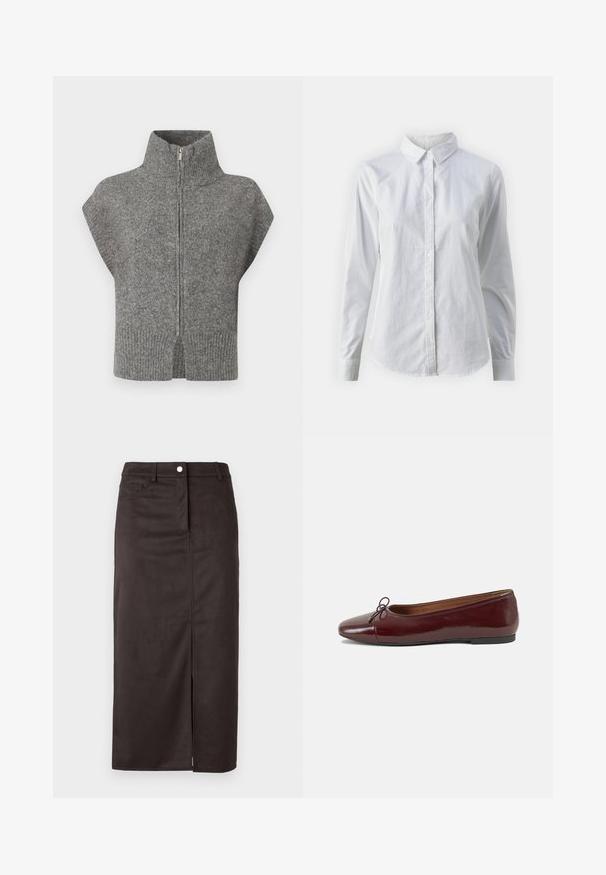 Szürke kötött pulóver magas gallérral, elől cipzárral és rövid ujjakkal. A bordázott alja és a hasított oldalak fokozzák a texturált dizájnt.; Fehér, sima pamutből készült gombos ing, klasszikus gallérral, hosszú ujjakkal és ívelt hemvéggel. A gombok kicsik és fehérek.; Barna, térdmeghosszabbítású szoknya sima anyagból. Elöl hasíték, gombos zárás és oldalzsebek a praktikus használat érdekében.; Burgundi lakkbőr balettcipő kerek orral, elöl kis masni díszítéssel és alacsony, fekete gumi talppal. Simára csiszolt felület.