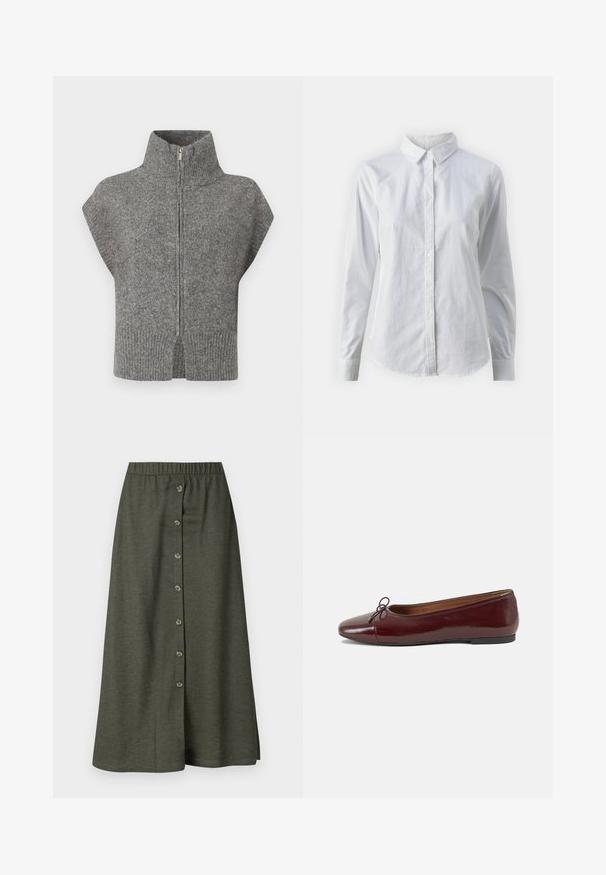 Jersey gris de punto con cuello alto, cremallera frontal y mangas de corte en pico. El dobladillo acanalado y los laterales abiertos realzan el diseño texturizado.; Camisa blanca de botones hecha de algodón suave, con un cuello clásico, mangas largas y un dobladillo curvado. Los botones son pequeños y blancos.; Falda midi caqui con cierre frontal de botones que cuenta con ocho botones, cintura elástica y tejido suave y ligero.; Bailarina de charol burdeos con punta redonda, pequeño lazo en la parte frontal y una suela baja de goma negra. Textura suave.