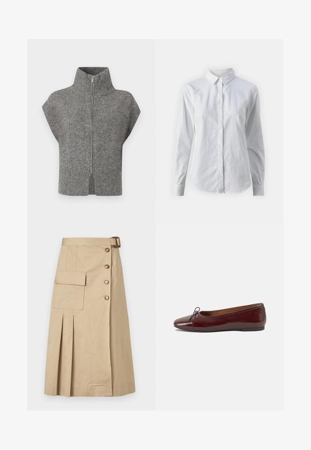 Suéter cinza tricotado com gola alta, fecho à frente e mangas em alça. A bainha canelada e os lados fendas realçam o design texturizado.; Camisa branca de botão feita de algodão suave, com colarinho clássico, mangas longas e bainha curva. Os botões são pequenos e brancos.; Saia beige até ao joelho, feita de uma mistura de algodão. Apresenta botões frontais, um bolso lateral e pregas para estrutura. Textura suave.; Bailarinas em couro sintético borgonha com bico redondo, pequeno laço na frente e sola baixa em borracha preta. Textura suave.