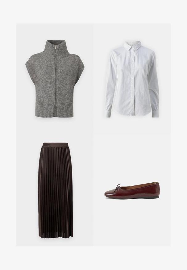 Sivý pletený sveter s vysokým golierom, predným zipsom a krátkymi rukávmi. Rífsovaný lem a rozparky na bokoch zvyšujú textúrovaný dizajn.; Biela košeľa s gombíkmi vyrobená z hladkej bavlny, s klasickým golierom, dlhými rukávmi a zakriveným lemom. Gombíky sú malé a biele.; Plisovaná midi sukňa z tmavohnedého materiálu, s hladkým pásom, dĺžka po zem a vertikálne plisovanie pre pridanie textúry.; Burgundské lakované balerínky s okrúhlou špičkou, malou mašľou na prednej strane a nízkou čiernou gumovou podrážkou. Hladký povrch.