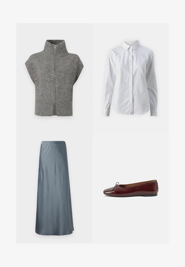 Harmaa neulepusero, jossa on korkea kaulus, etuvetoketju ja hihattomat varret. Ribbaatunut helma ja halkiot sivuilla korostavat tekstuurista muotoilua.; Valkoinen napitettava paita, joka on valmistettu sileästä puuvillasta. Paidassa on klassinen kaulus, pitkät hihat ja kaareva helma. Nappien koko on pieni ja ne ovat valkoiset.; Satin-maksihame vaaleansin灰hzh靜,具有光滑的質地和翻折腰部,直地垂到地板。; Burgundin värinen lakattu nahkainen ballerinatossu pyöreällä varvaskärjellä, pienen nauhan yksityiskohdalla edessä ja matalalla mustalla kumipohjalla. Sujuva pinta.