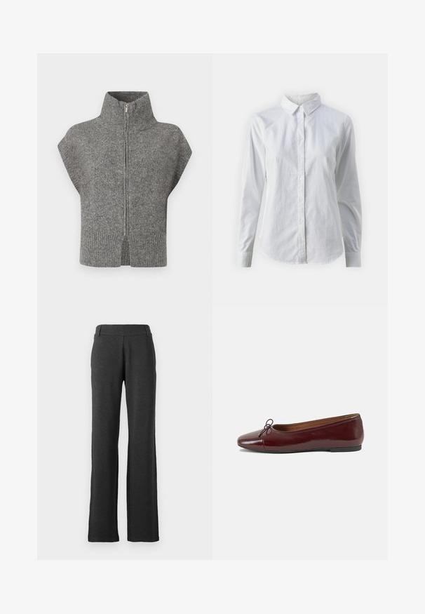 Pelēks adīts džemperis ar augstu apkakli, priekšējo rāvējslēdzēju un īsām piedurknēm. Ribota apakšmala un šķelti sāni uzsver tekstūru dizainu.; Balta pogājamā krekla augšdaļa, izgatavota no gluda kokvilnas, ar klasisku apkakli, garām piedurknēm un izliekto apakšmalu. Pogas ir mazas un baltas.; Tumši pelēki, taisni bikses, izgatavotas no mīksta auduma. Funkcijas gluda jostasvieta un bez manāmiem rakstiem vai akcentiem.; Burgundijas laku ādas baleta kurpes ar noapaļotu purngalu, nelielu loku akcentu priekšā un zemu melnu gumijas zoli. Gluda tekstūra.