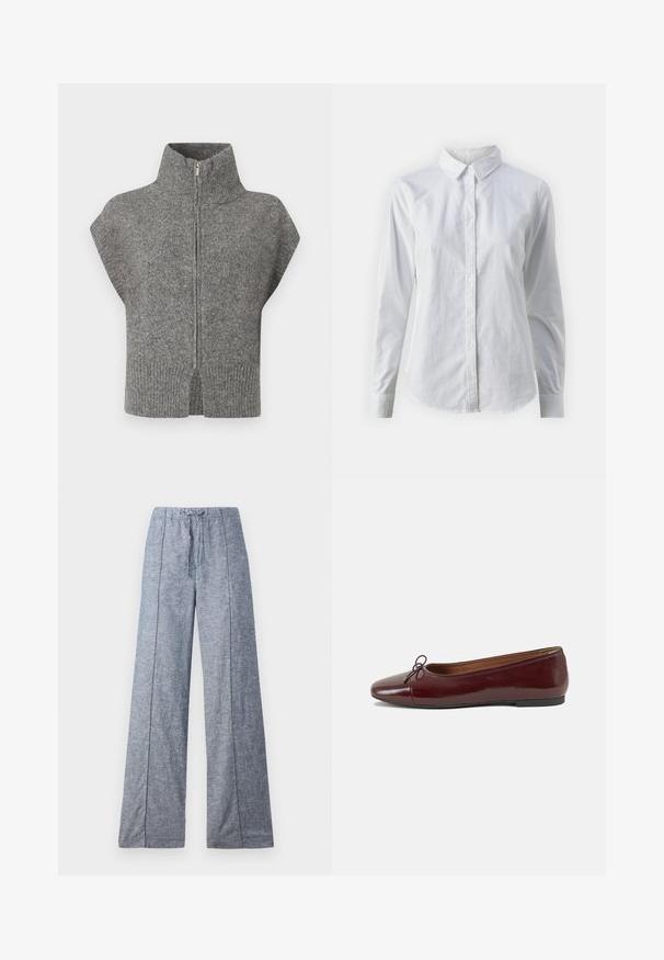 Grauer Strickpullover mit hohem Kragen, Frontreißverschluss und Kap sleeves. Der gerippte Saum und die seitlichen Schlitze verstärken das strukturierte Design.; Weißes Hemd mit Knöpfen, aus glattem Baumwollstoff, mit klassischem Kragen, langen Ärmeln und abgerundetem Saum. Die Knöpfe sind klein und weiß.; Weite Hosen aus einem hellblauen Stoff mit einer subtilen Textur, ausgestattet mit einem elastischen Bund und einem Kordelzug zur Anpassung.; Burgunderfarbenes, lackiertes Ballettschuh mit abgerundetem Zehenbereich, kleiner Schleifenakzent vorne und einer niedrigen, schwarzen Gummisohle. Glatte Textur.