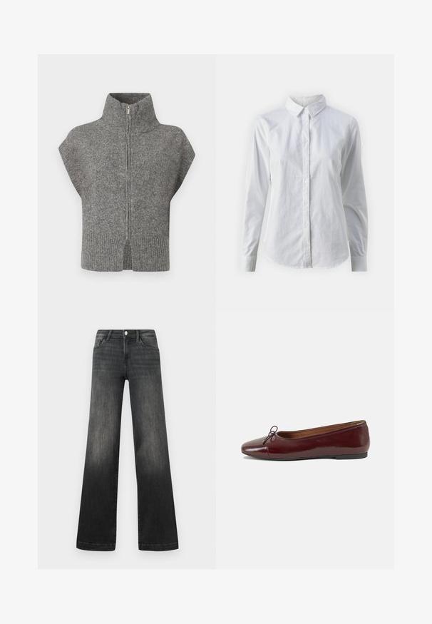 Pulover tricotat gri cu guler înalt, fermoar frontal și mâneci tip capac. Baza cu striții și lateralele despicăte îmbunătățesc designul texturat.; Cămașă albă cu nasturi, confecționată din bumbac neted, având un guler clasic, mâneci lungi și un tiv curbat. Nasturii sunt mici și albi.; Jeans largi negri din denim uzat, cu buzunare frontale, închidere cu nasture și detalii subtile de cusătură pe cusături.; Balerini din piele patent burgund cu vârful rotund, accent de fundiță mică în față și talpă joasă din cauciuc negru. Textură netedă.