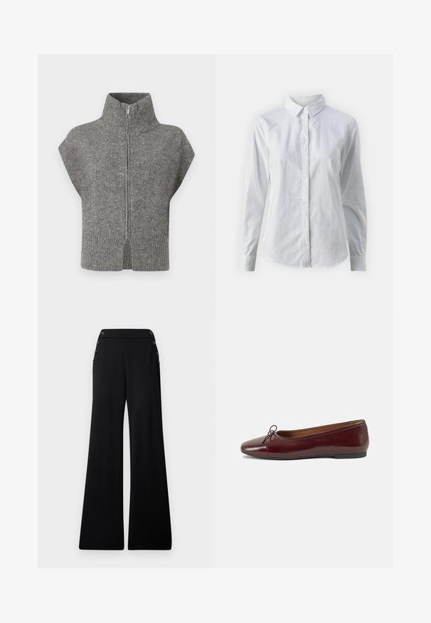 Gray knitted sweater with a high collar, front zipper, and cap sleeves. Ribbed hem and split sides enhance the textured design.; White button-up shirt made of smooth cotton, featuring a classic collar, long sleeves, and a curved hem. Buttons are small and white.; Black wide-leg trousers with high waist and decorative buttons along the top side seams, displayed on a white background.; Burgundy patent leather ballet flat with a rounded toe, small bow accent at the front, and a low, black rubber sole. Smooth texture.