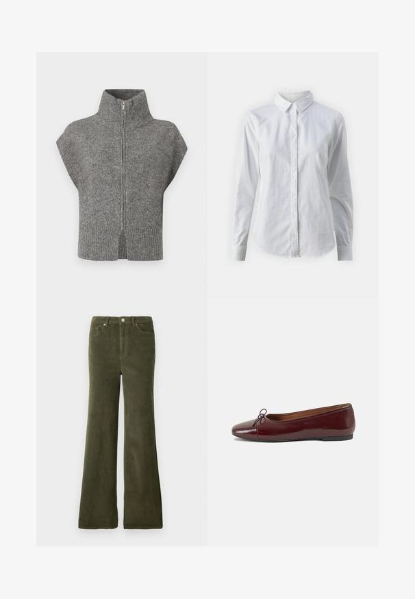 Grå strikket genser med høy krage, glidelås foran og cap sleeves. Ribbede kanter og splittsider forbedrer det teksturerte designet.; Hvit skjorte med knapper laget av glatt bomull, med klassisk krage, lange ermer og buet skjær. Knapper er små og hvite.; Olivengrønne corduroy flared bukser med en glat overflade, forlommer og en metalknaplukning i taljen.; Burgunderrød lakk lær ballettleilighet med rund tå, liten sløyfe foran og en lav, svart gummisåle. Glatt tekstur.