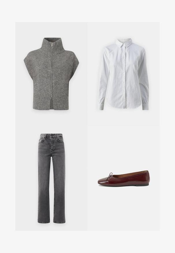 Jersey gris de punto con cuello alto, cremallera frontal y mangas de corte en pico. El dobladillo acanalado y los laterales abiertos realzan el diseño texturizado.; Camisa blanca de botones hecha de algodón suave, con un cuello clásico, mangas largas y un dobladillo curvado. Los botones son pequeños y blancos.; Jeans de tiro alto y pierna recta en denim gris oscuro, con pasadores para el cinturón, cinco bolsillos y ligeros detalles de desvanecimiento en la tela.; Bailarina de charol burdeos con punta redonda, pequeño lazo en la parte frontal y una suela baja de goma negra. Textura suave.