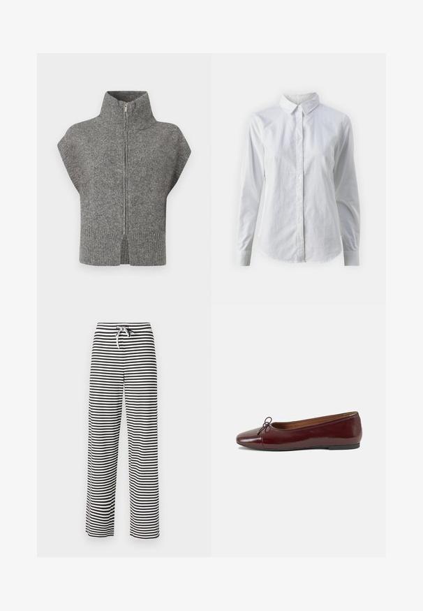 Grå stickad tröja med hög krage, framdragkedja och korta ärmar. Ribbad nederkant och sprund i sidorna förstärker den texturerade designen.; Vit skjorta med knappar, tillverkad av mjuk bomull, med klassisk krage, långa ärmar och en böjd fåll. Knapparna är små och vita.; Svart och vit randig byxa med vida ben och dragsko i midjan. Mjukt material med en avslappnad passform. Vertikala ränder över hela byxan.; Burgunderfärgad lackläderballettskor med rund tå, liten rosettdekoration fram och en låg, svart gummisula. Slät textur.