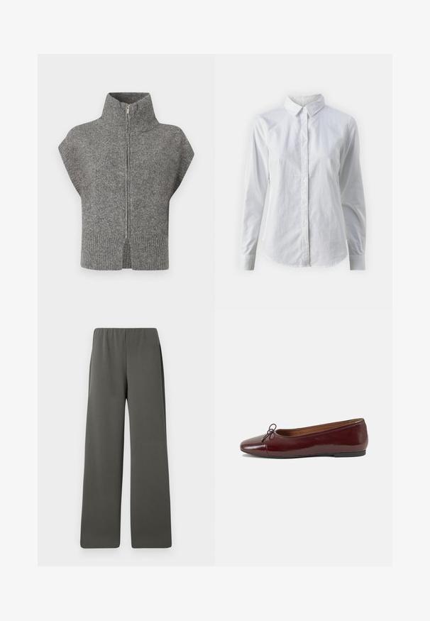 Sivý pletený sveter s vysokým golierom, predným zipsom a krátkymi rukávmi. Rífsovaný lem a rozparky na bokoch zvyšujú textúrovaný dizajn.; Biela košeľa s gombíkmi vyrobená z hladkej bavlny, s klasickým golierom, dlhými rukávmi a zakriveným lemom. Gombíky sú malé a biele.; Tmavošedé vysoké široké nohavice s elastickým pásom, položené na bielom pozadí.; Burgundské lakované balerínky s okrúhlou špičkou, malou mašľou na prednej strane a nízkou čiernou gumovou podrážkou. Hladký povrch.