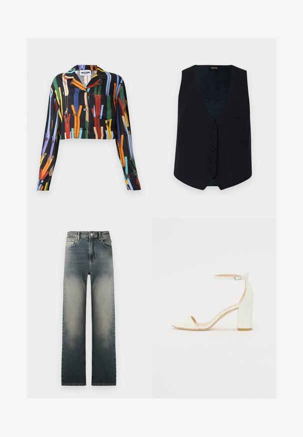 Jūrų laivyną inspiruotas liemenė su V formos iškirpte, šešiais priekiniais mygtukais ir viena krūtine kišene. Lygus audinys ir raštuota vidinė pamušalas.; Trumpas juodas marškinėliai su spalvingomis užtrauktuko raštais, mygtukų uždarymu ir krūtinės kišenėle. Pagaminta iš lengvos medžiagos su sklandžiu paviršiumi.; Aukštos juosmeniu tiesaus kirpimo džinsai su išblukusia šviesia ir tamsiai mėlyna džinsų skalbimo spalva bei klasikinio penkių kišenių dizainu.; Baltos odos blokinio kulno sandalai, su kulkšnies dirželiu ir sagtimi, minimalistinio dizaino. Atvira pirštų dalis ir sklandžios tekstūros visoje.