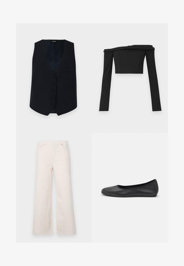Mornarski sako s V izrezom, šest gumbića na prednjoj strani i jednim džepom na prsima. Glatka tkanina i uzorčana podstava.; Crni cropped top s dugim rukavima, bez ramena, s strukturiranim dizajnom i čvorom na izrezu, izrađen od glatkog materijala.; Široke, svijetlosmeđe traperice s visokim strukom, pet džepova i prednjim kopčanjem na gumb. Glatka tekstura, minimalni detalji šivanja.; Crne kožne baletanke s zaobljenim vrhom, glatke teksture, minimalnim detaljima šavova i fleksibilnim dizajnom potplata.