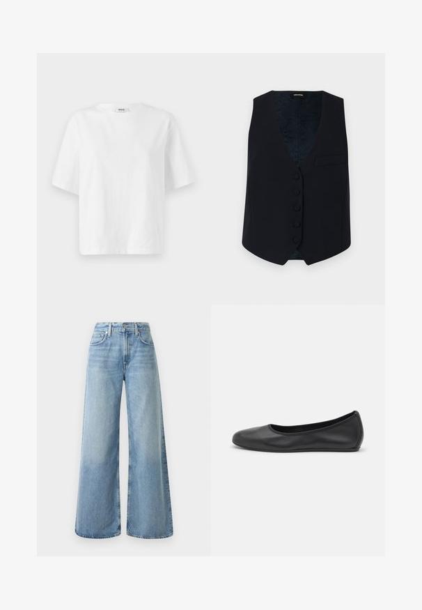 Marineblå skræddersyet vest med V-udskæring, seks frontknapper og en enkelt brystlomme. Glat stof og mønstret indvendig for.; Hvid kortærmet t-shirt lavet af bomuld, med rund halsudskæring og en løs, boksformet pasform med minimale syninger.; Lyseblå denim-bukser i vid model med høj talje, der har fire lommer, en knaplukning og diskret falmede områder på stoffet.; Sort læderballetsko med rund tå, glat tekstur, minimal syning og et fleksibelt såldesign.