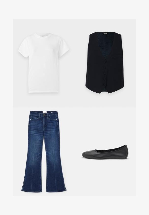 Jūras spēku pielāgots žakets ar V-veida kakla izgriezumu, sešiem priekšējiem pogām un vienu krūšu kabatu. Gluda auduma virsma un rakstainā iekšējā oderē.; Balta kokvilnas t-krekls ar īsām piedurknēm un apaļu kakla izgriezumu. Gluda tekstūra un minimāls dizains, bez redzamām rakstām vai akcentiem.; Tumši zili zvērīši, izgatavoti no denima. Iespējas augsta jostasvieta, priekšējās kabatas un šķēlumi apakšmalā. Klasisks piecu kabatu dizains.; Melna ādas baleta kurpe ar noapaļotu purngalu, gludu tekstūru, minimālu šuvju detalizāciju un elastīgu zoles dizainu.