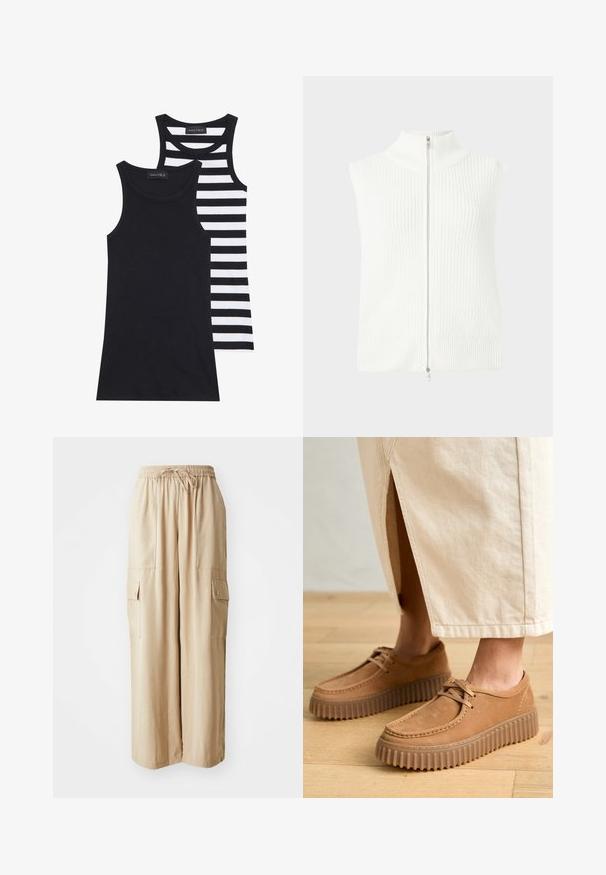 Top alb fără mâneci, tricotat, cu un guler înalt și fermoar frontal. Prezintă o textură cu linii verticale și un tiv drept. Design minimalist.; Topuri fără mâneci alb-negru, unul complet negru și celălalt cu dungi orizontale alb-negru. Ambele sunt cu benzi și fără mâneci.; Pantaloni cargo largi de culoare bej, fabricați dintr-un material ușor. Au un brâu elastic, șnur de ajustare și buzunare laterale cu clapete.; Pantofi de culoare caramel din piele cu o suprafață texturată, vârf rotund și tălpi groase, cu striații. Sireturile și detaliile de cusătură completează designul.