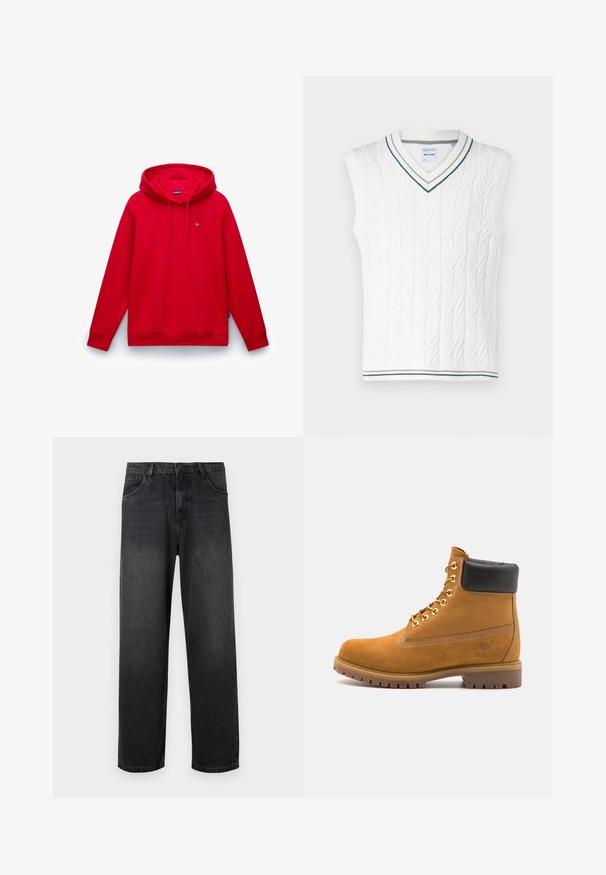 Only & Sons ONSCLAS LIFE mleczny; Czerwony hoodie z kieszenią kangurzą, ściągaczami na rękawach i dole oraz małym haftowanym logo na klatce piersiowej. Gładka faktura materiału.; Ciemnoszare dżinsy o prostym kroju, z zapinaniem na zamek błyskawiczny, pięcioma kieszeniami oraz subtelnymi efektami przetarcia na materiale.; Beżowe zamszowe botki sięgające kostki z czarną wyściełaną krawędzią, złotymi oczkami, białymi detalami szycia oraz wytrzymałą gumową podeszwą z wyraźnym bieżnikiem.