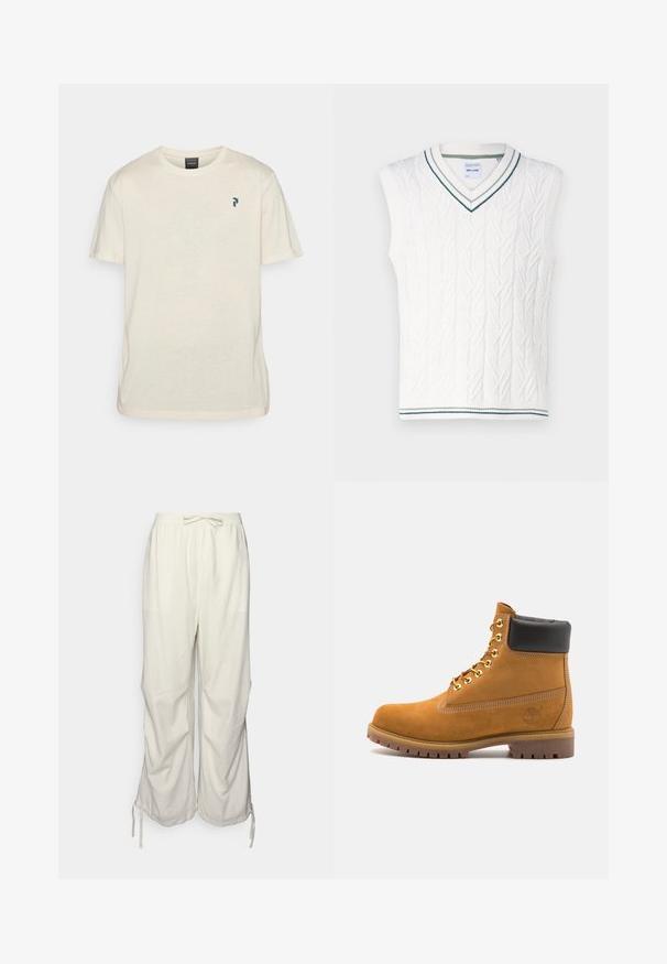 Only & Sons ONSCLAS LIFE VEST - Chaleco - antique white; Peak Performance EXPLORE GRAPHIC TEE - Camiseta estampada - sand fog; Pantalones de mezcla de lino en color blanco roto con cintura elástica, cordón y aberturas laterales en el dobladillo para un ajuste ajustable.; Botín de ante marrón claro con collar acolchado negro, ojales de metal dorado, detalles de costura blanca y suela de goma resistente con tacos pronunciados.