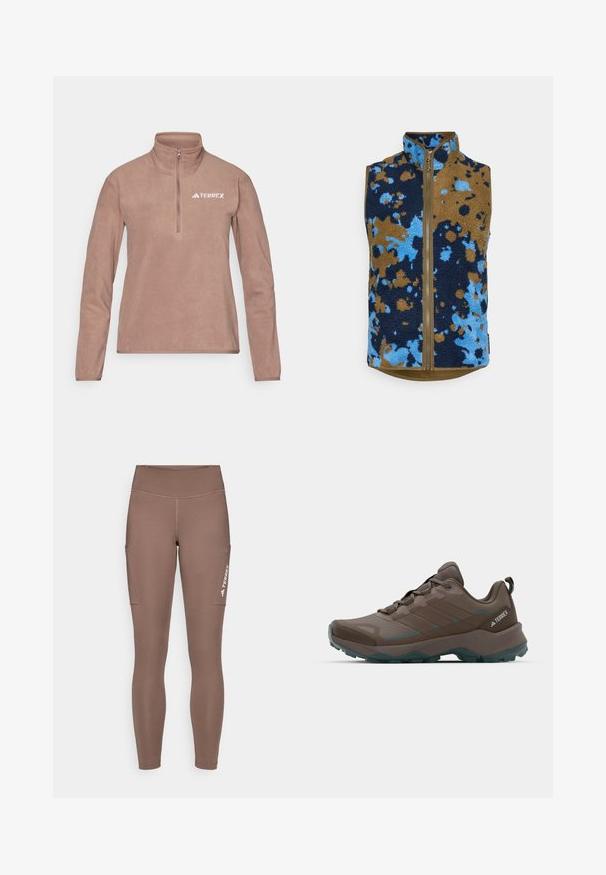 Fleece vest with a high collar, featuring a blue, brown, and navy splatter pattern. Front zip closure with a solid brown hem.; Brown fleece pullover with a half-zip collar, long sleeves, and a small white "TERREX" logo on the left chest. Soft texture, minimal design.; Brown athletic leggings with a high waistband, featuring side pockets and a white logo. Smooth, stretchy fabric for comfort and mobility.; Gray and teal hiking shoes with mesh panels, textured upper, and rugged rubber outsole. Features padded tongue and lace-up design.