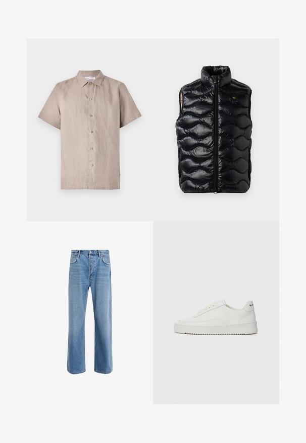 Juodas pūkinis liemenė su aukštu apykakle, užtrauktuku ir tekstūruotu siuvinėjimu. Ant krūtinės yra mažas logotipas, o dizainas be rankovių.; Šviesiai smėlio spalvos lininė marškinė su trumpomis rankovėmis ir mygtukais. Yra išskleistas apykaklė ir priekinė užtrauktukas su atitinkančiais mygtukais. Lygus paviršius.; Šviesiai mėlyni džinsai su tiesiu kirpimu, penkios kišenės, mygtuko užsegimas, minimalus blukimas ir kontrastingi siuvimo detalės.; Balti odiniai sportiniai bateliai su lygia apdaila, apvaliu pirštu, plokščiais raišteliais ir tekstūruotu padu. Pasižymi subtiliu logotipu ant kulno.