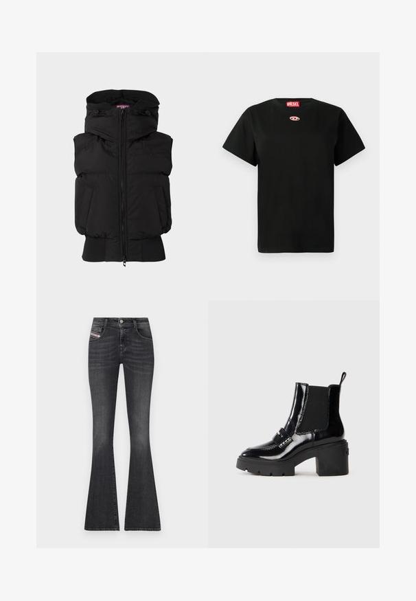 Svart puffervest med høy krage, frontglidelås og elastiske mansjetter. Har to sidelommer og minimal merkevare på brystet.; Svart Diesel t-skjorte med kort erme, med en liten rosa logo på brystet og en rød Diesel etikett inni kragen.; Mørk grå denim flared jeans med høy midje, fem-lomme design, sølvfarget hardware og subtil fading. Har en merket sidelabel.; Sorte patent lær ankle boot med en chunky hæl, elastiske sidepaneler, dekorativ rem og kontraststing. Glat tekstur med en blank finish.