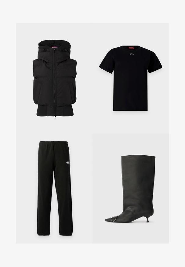 Fekete pehelymellény magas gallérral, elülső cipzárral és elasztikus mandzsettákkal. Két oldalsó zsebbel rendelkezik, és minimális márkázás található a mellkason.; Fekete pamut póló kerek nyakkal, rövid ujjakkal és egy kis emblémával a mellkas közepén. Puha tapintású és normál szabású.; Fekete melegítőnadrág elasztikus derékrésszel és szegélyekkel. Kicsi logóval a combján. Puha, sima anyagból készült.; Fekete bőr bokacsizma hegyes orral, kis sarokkal és fémes díszítéssel az orrán. Az egész felületen sima, matt textúra.